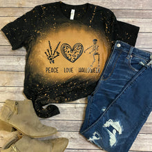 Load image into Gallery viewer, Peace, Love, and Halloween Bleach Dye Halloween T Shirt