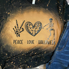 Load image into Gallery viewer, Peace, Love, and Halloween Bleach Dye Halloween T Shirt