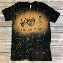 Load image into Gallery viewer, Peace, Love, and Halloween Bleach Dye Halloween T Shirt