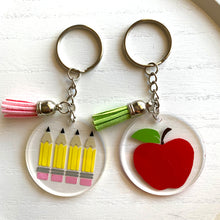 Load image into Gallery viewer, Teacher Appreciation Apple and Pencils Personalized Keychains