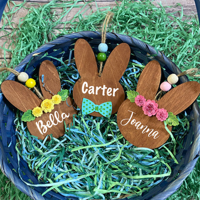 Personalized Wooden Bunny Easter Basket Name Tags for kids|Flower Crown|Bow Tie