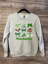 Load image into Gallery viewer, Philadelphia|Eagles|Inspired|Football|Coquette|Bow|Crewneck Sweatshirt|Playoffs|The Big Game|Game Day|Philly Area Seller
