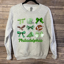 Load image into Gallery viewer, Philadelphia|Eagles|Inspired|Football|Coquette|Bow|Crewneck Sweatshirt|Playoffs|The Big Game|Game Day|Philly Area Seller