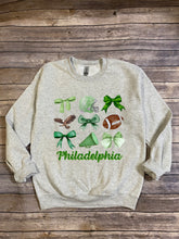 Load image into Gallery viewer, Philadelphia|Eagles|Inspired|Football|Coquette|Bow|Crewneck Sweatshirt|Playoffs|The Big Game|Game Day|Philly Area Seller
