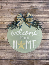 Load image into Gallery viewer, Beach Themed Summer Welcome Door Sign/Hanger - Navy and Seafoam Green