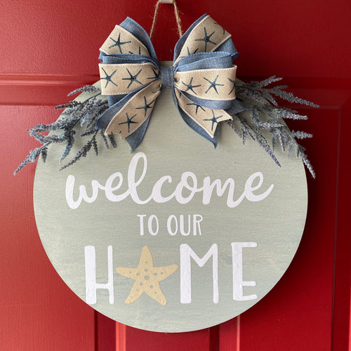 Beach Themed Summer Welcome Door Sign/Hanger - Navy and Seafoam Green