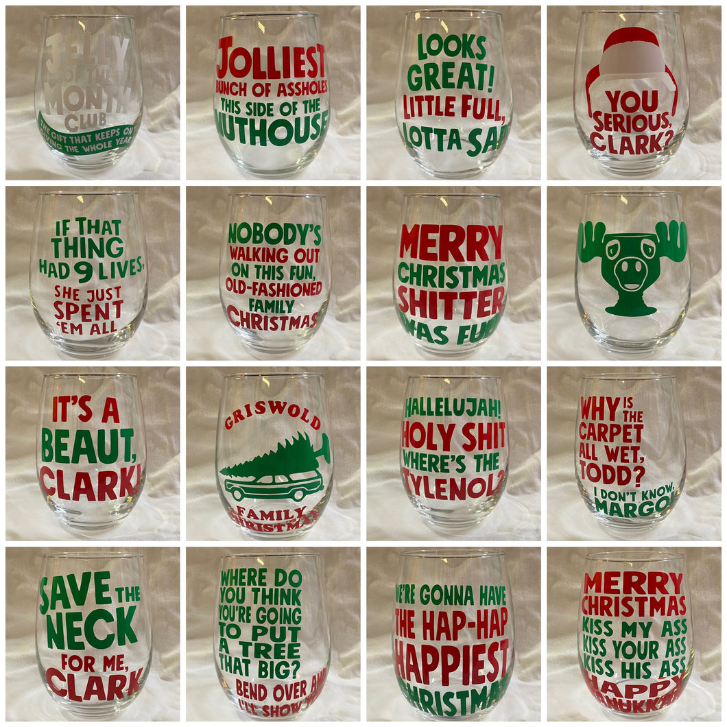 Christmas Vacation Themed Holiday Stemless Wine Glasses 12 Designs