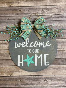 Beach Themed Summer Welcome Door Sign/Hanger - Grey and Turquoise