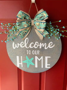 Beach Themed Summer Welcome Door Sign/Hanger - Grey and Turquoise