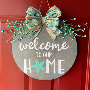 Beach Themed Summer Welcome Door Sign/Hanger - Grey and Turquoise