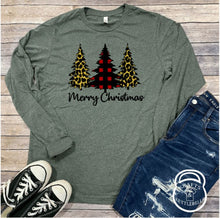 Load image into Gallery viewer, Cheetah and Buffalo Plaid Trees Merry Christmas Holiday Graphic T