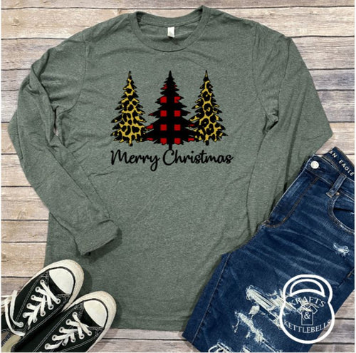 Cheetah and Buffalo Plaid Trees Merry Christmas Holiday Graphic T