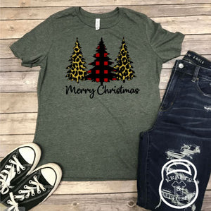 Cheetah and Buffalo Plaid Trees Merry Christmas Holiday Graphic T