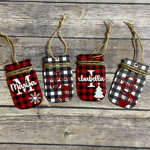 Buffalo Plaid Mason Jar Shaped Personalized Ornaments/Gift Tags