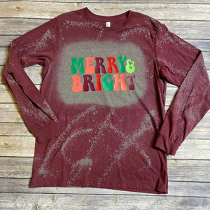 Retro Merry and Bright Bleach Dye Holiday Long Sleeve T