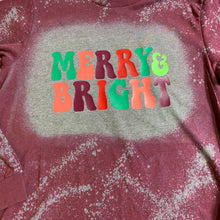 Load image into Gallery viewer, Retro Merry and Bright Bleach Dye Holiday Long Sleeve T