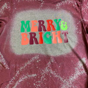 Retro Merry and Bright Bleach Dye Holiday Long Sleeve T