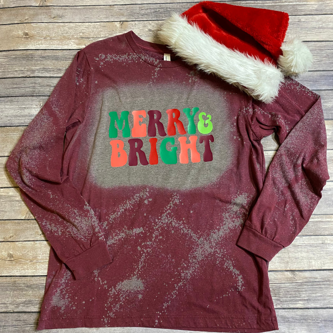 Retro Merry and Bright Bleach Dye Holiday Long Sleeve T