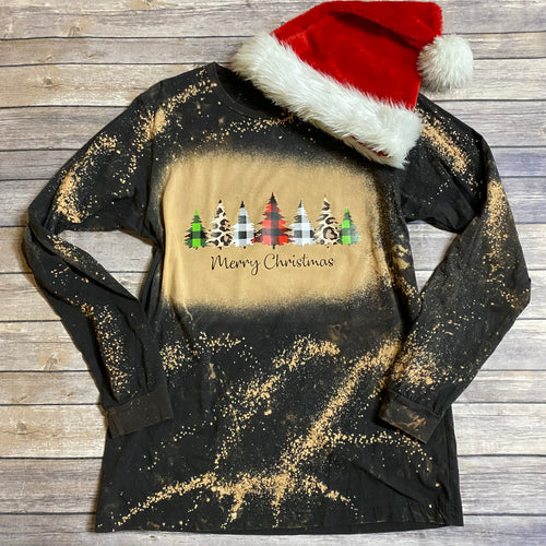 Bleach Dye Plaid and Cheetah Tress Merry Christmas T