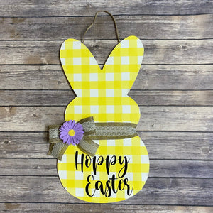 Hoppy Easter Bunny/Peep Yellow Plaid Door Hanger