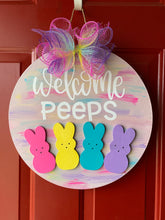 Load image into Gallery viewer, Welcome Peeps Colorful Easter Bunny Door Sign/Hanger