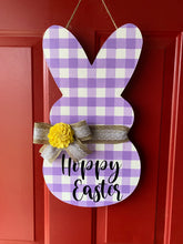 Load image into Gallery viewer, Hoppy Easter Bunny/Peep Purple Plaid Door Hanger