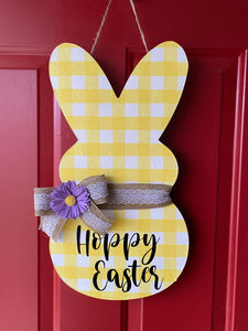 Hoppy Easter Bunny/Peep Yellow Plaid Door Hanger