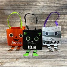 Load image into Gallery viewer, Personalized Halloween Felt Treat Bags with Legs - Mummy, Cat, Pumpkin