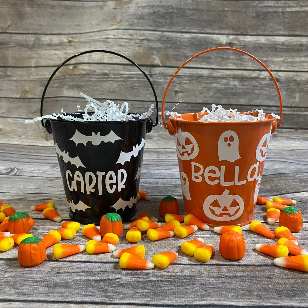 Personalized Halloween Metal Pails with Bats, Ghosts & Jack-O-Lanterns