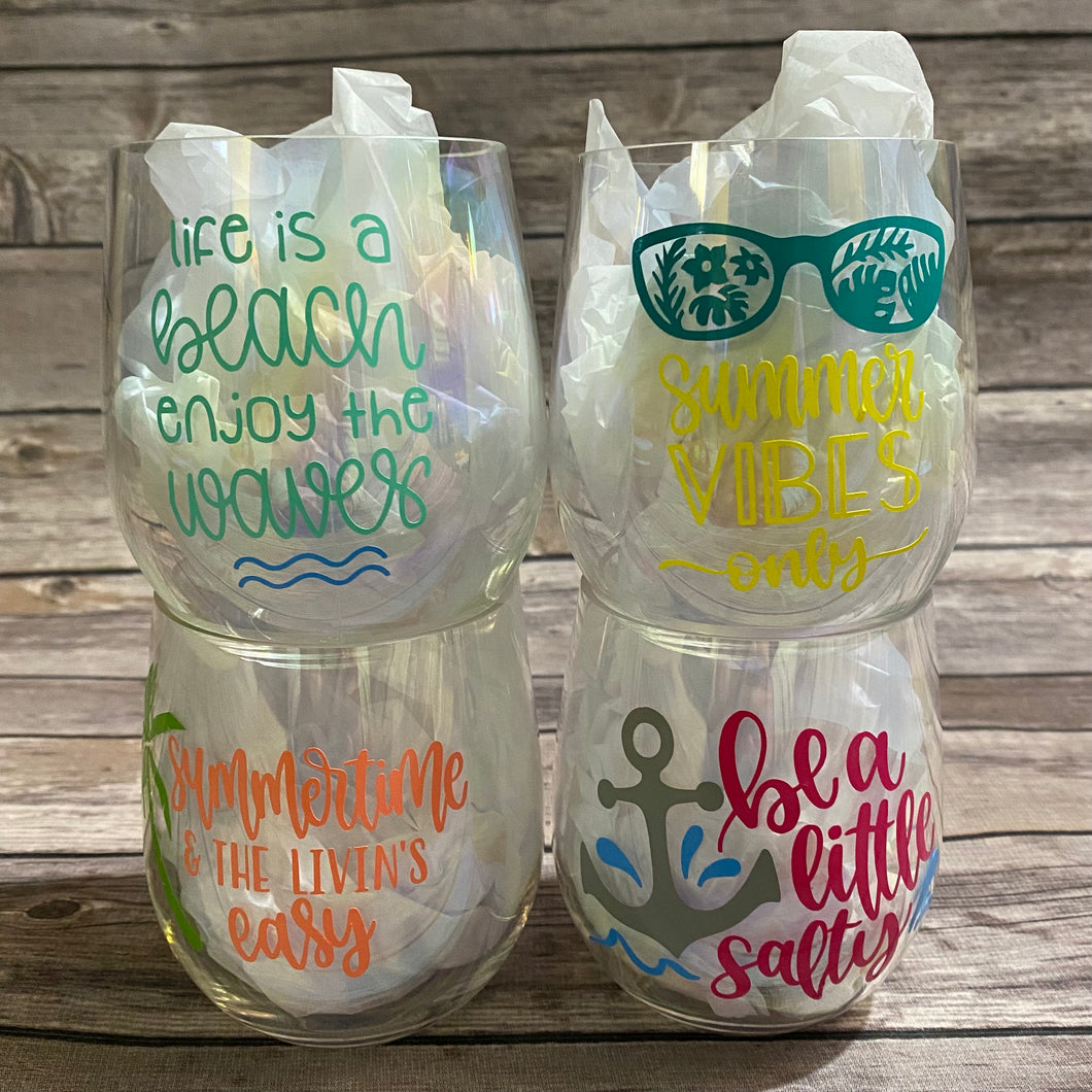 Summer Themed Sayings Plastic Wine Glasses Set of 4