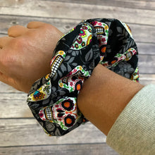 Load image into Gallery viewer, Sugar Skulls Halloween Fabric Scrunchie