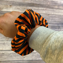 Load image into Gallery viewer, Black and Orange Striped Halloween Fabric Scrunchie