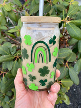 Load image into Gallery viewer, Shamrocks and Rainbows 16oz Libbey Beer Can Glass w/ Color Change Vinyl