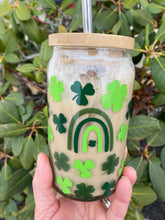 Load image into Gallery viewer, Shamrocks and Rainbows 16oz Libbey Beer Can Glass w/ Color Change Vinyl