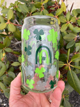 Load image into Gallery viewer, Shamrocks and Rainbows 16oz Libbey Beer Can Glass w/ Color Change Vinyl