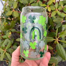 Load image into Gallery viewer, Shamrocks and Rainbows 16oz Libbey Beer Can Glass w/ Color Change Vinyl