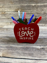 Load image into Gallery viewer, Teach, Love, Inspire Hand Painted Apple Wooden Pencil Holder Teacher Gift