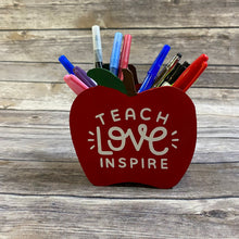 Load image into Gallery viewer, Teach, Love, Inspire Hand Painted Apple Wooden Pencil Holder Teacher Gift