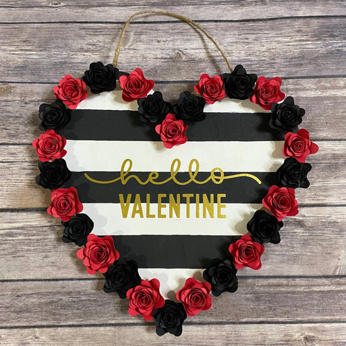 Heart Shaped Black and White Striped Hello Valentine Door Sign/Wall Decor