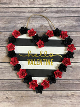 Load image into Gallery viewer, Heart Shaped Black and White Striped Hello Valentine Door Sign/Wall Decor