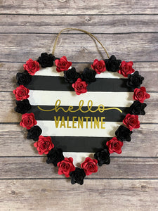 Heart Shaped Black and White Striped Hello Valentine Door Sign/Wall Decor