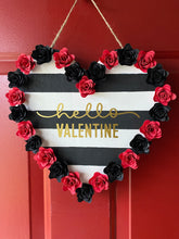 Load image into Gallery viewer, Heart Shaped Black and White Striped Hello Valentine Door Sign/Wall Decor