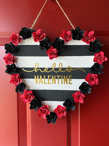 Heart Shaped Black and White Striped Hello Valentine Door Sign/Wall Decor