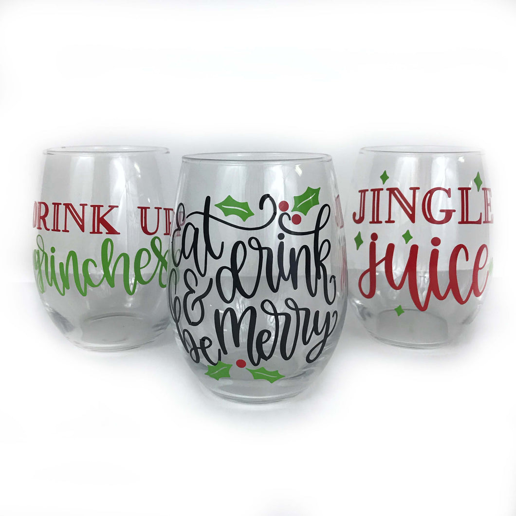 Holiday Themed Stemless Wine Glasses