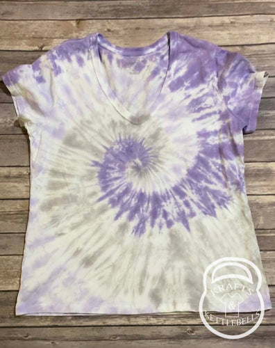 Purple. Grey, and White Spiral Tie Dye V-Neck T-shirt Size L